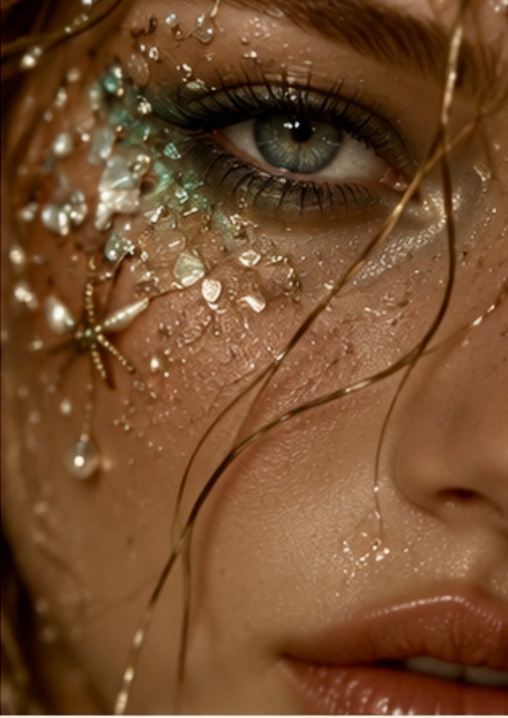Close-up beauty portrait with crystal and pearl details